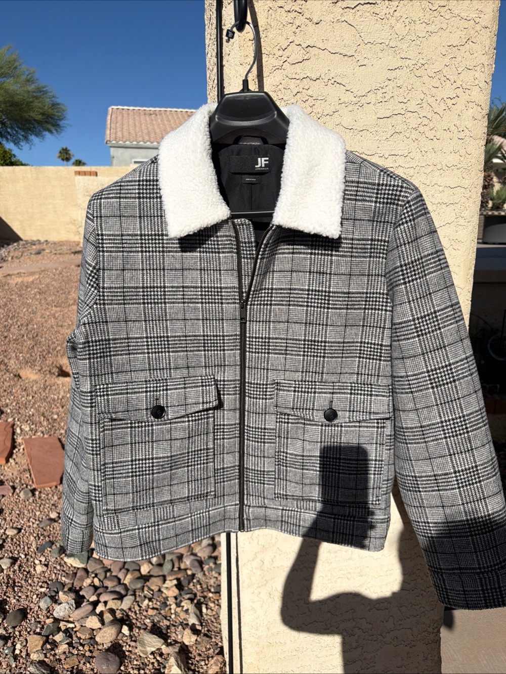 JF Ferrar White Black Zipper Winter Coat Plaid New $160 L Large